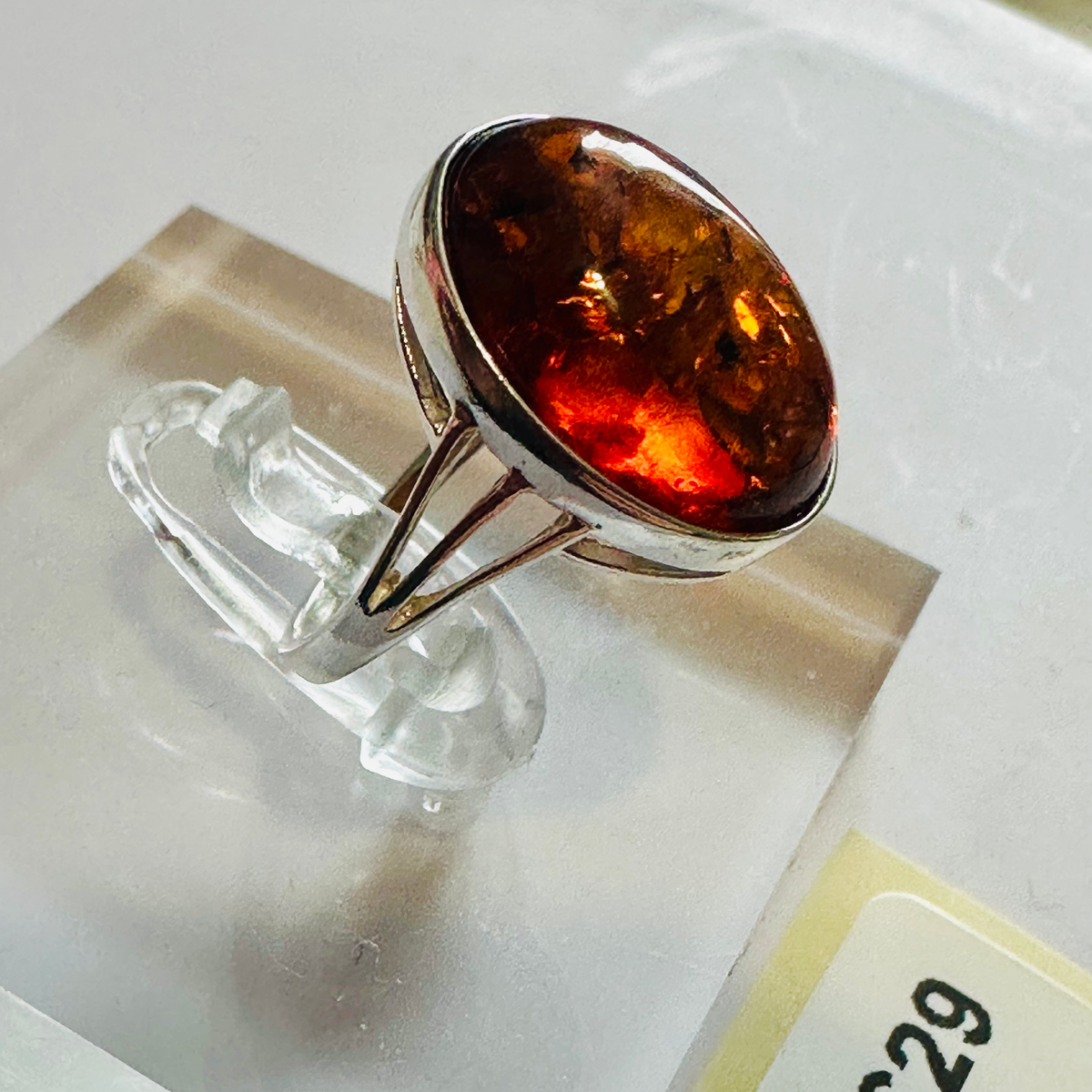 Sterling silver oval Amber gemstone ring size O image 1