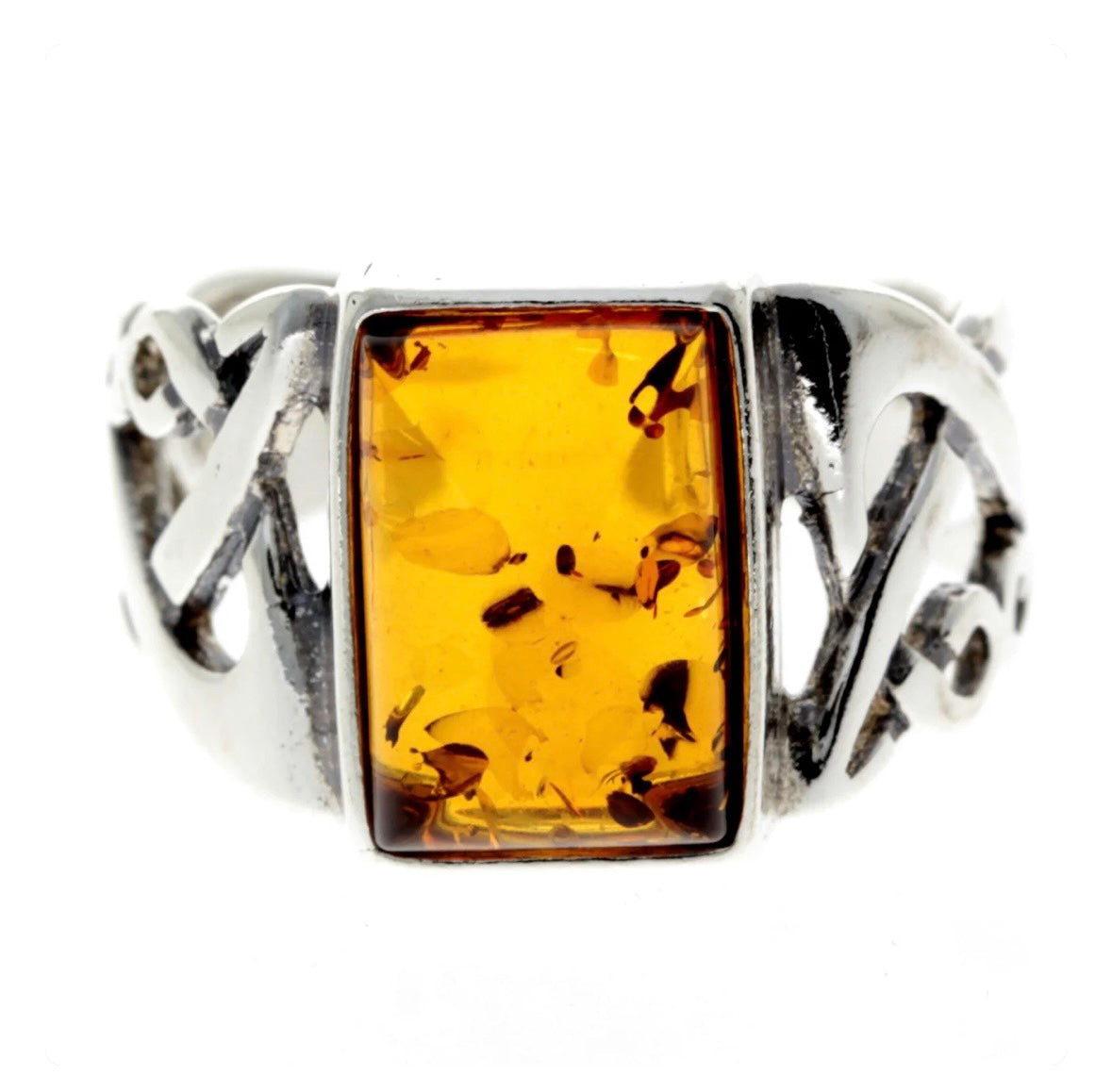 925 Sterling Silver & Rectangular Baltic Amber Celtic Large Ring O1/2 image 0