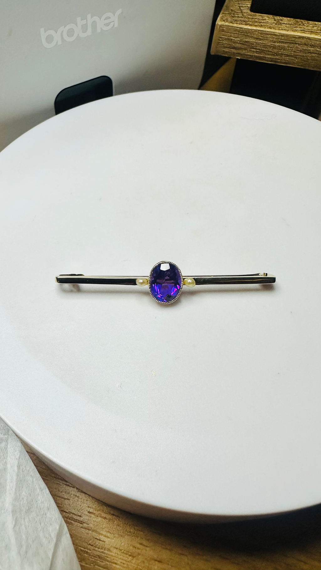 Antique 14ct Deep Purple amethyst and pearl brooch 54mm image 1