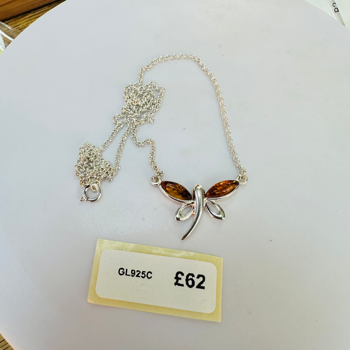 New Sterling Silver Amber Dragonfly necklace on 16 inch chain image 0