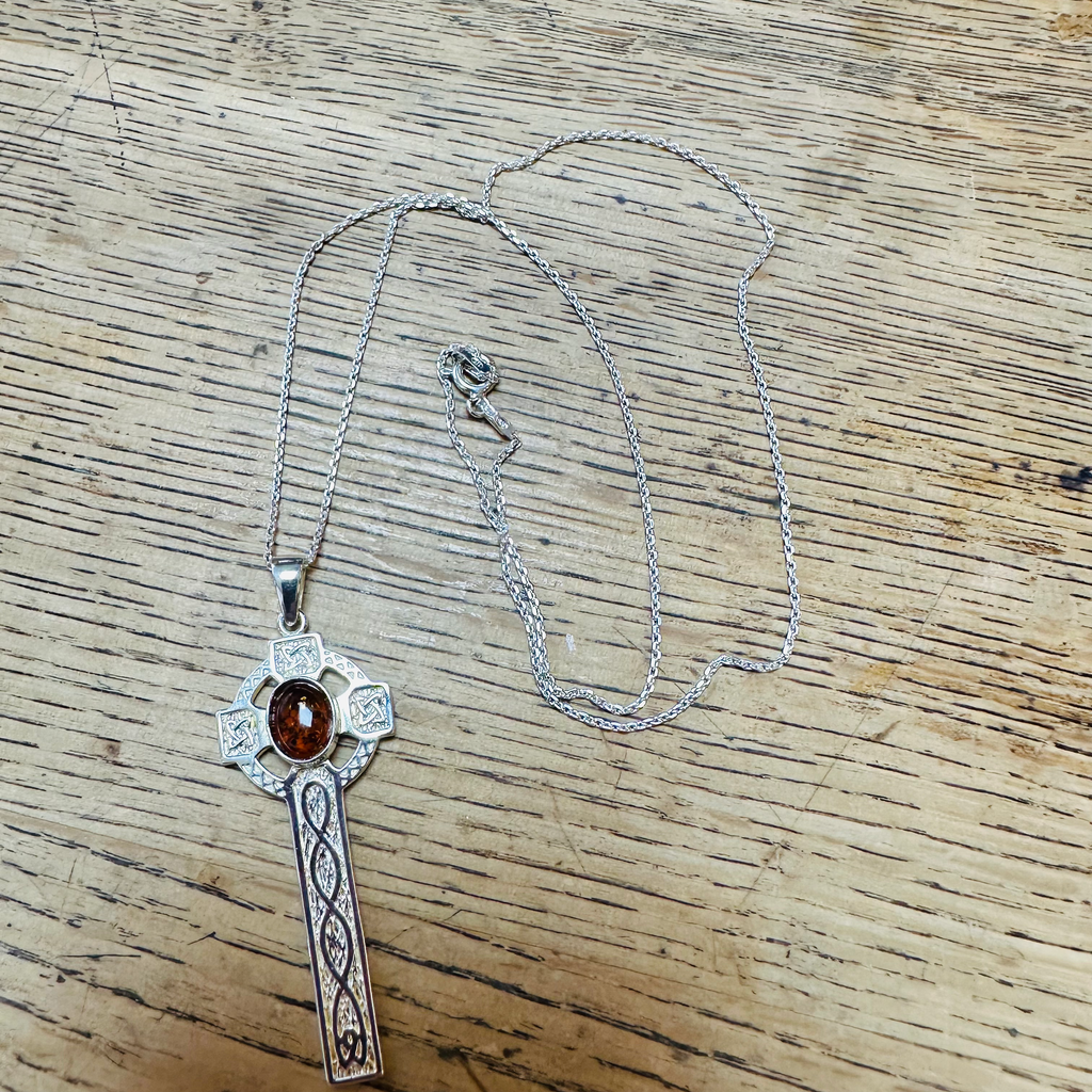 Sterling silver celtic cross with amber 18inch chain image 1