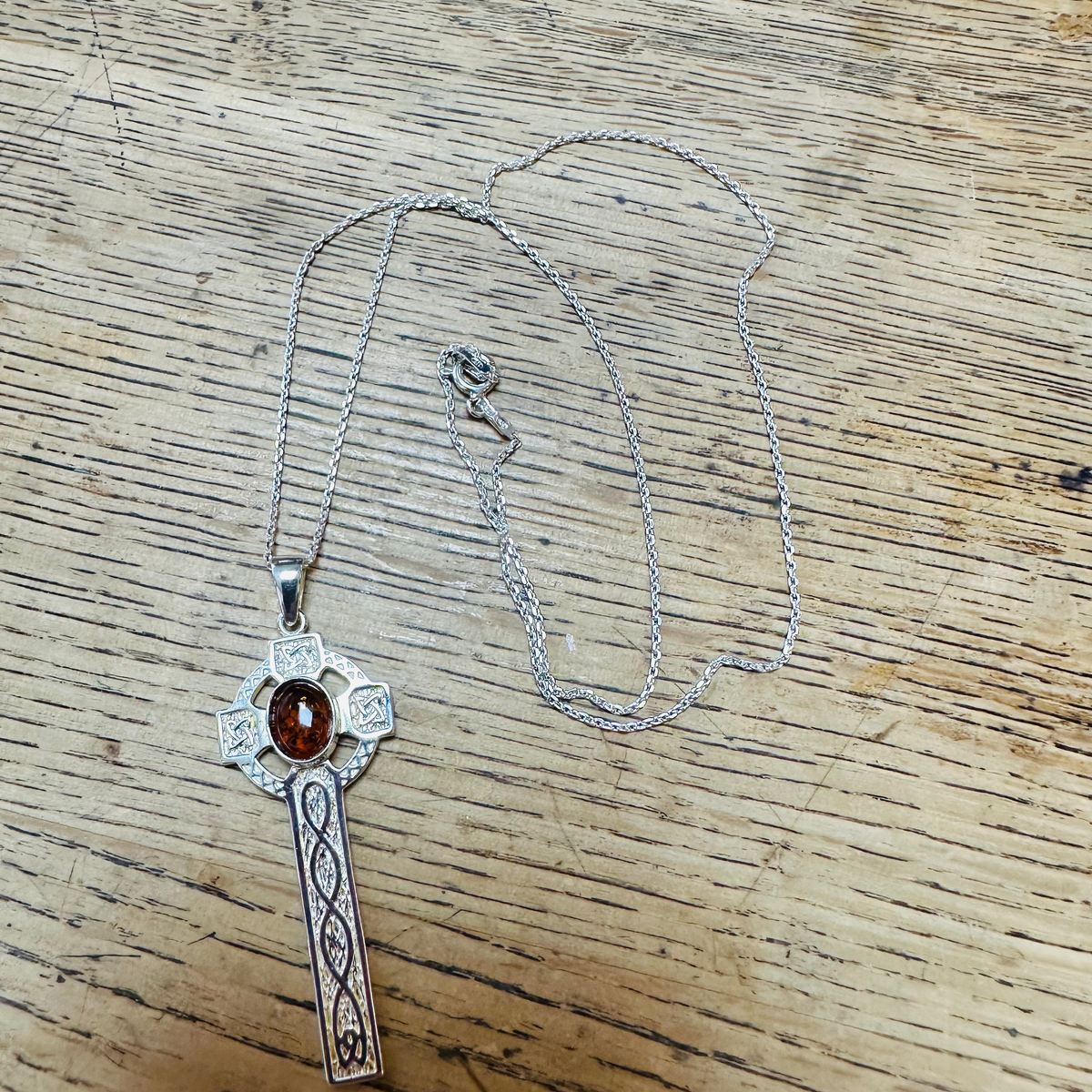 Sterling silver celtic cross with amber 18inch chain image 1
