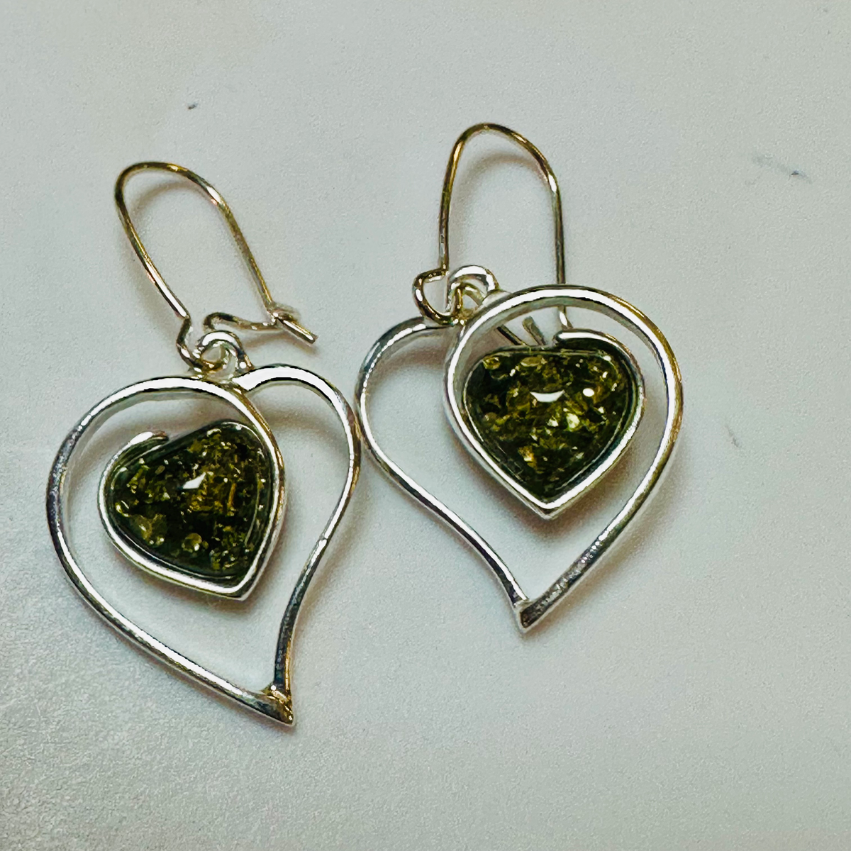 Sterling silver green amber heart earrings image 5