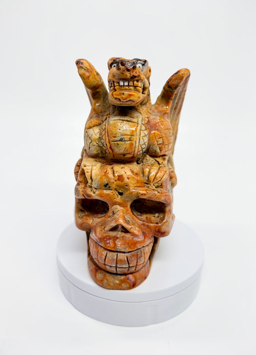 Crazy Lace Agate Skull Dragon Carving – Hand-Carved Gemstone Gothic Sculpture (2 image 0