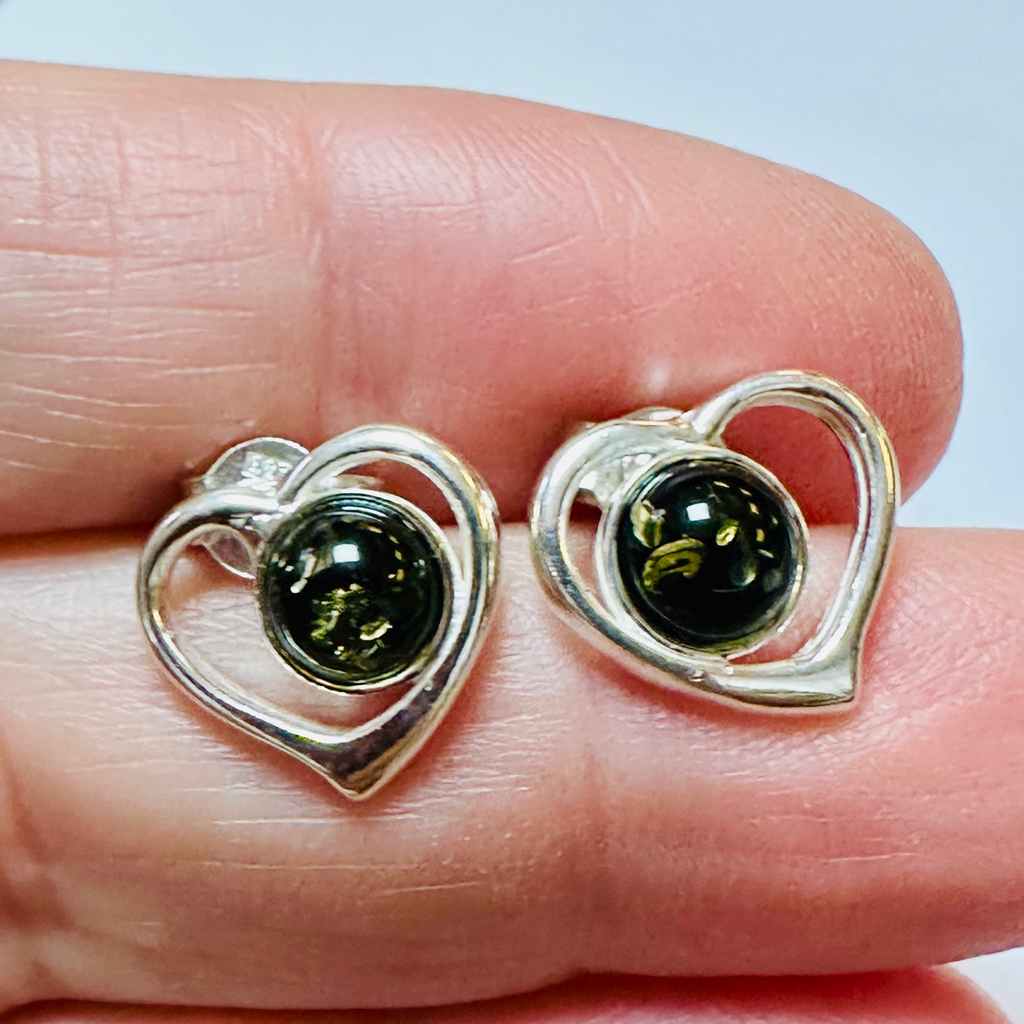 Sterling silver green am er heart stud earrings image 1