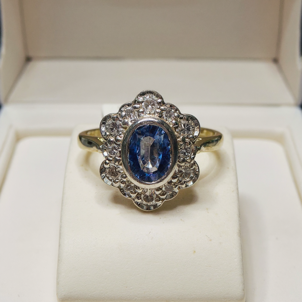 New 9ct Yellow Gold Cornflower Blue Sapphire and Diamond ring sizeN image 0
