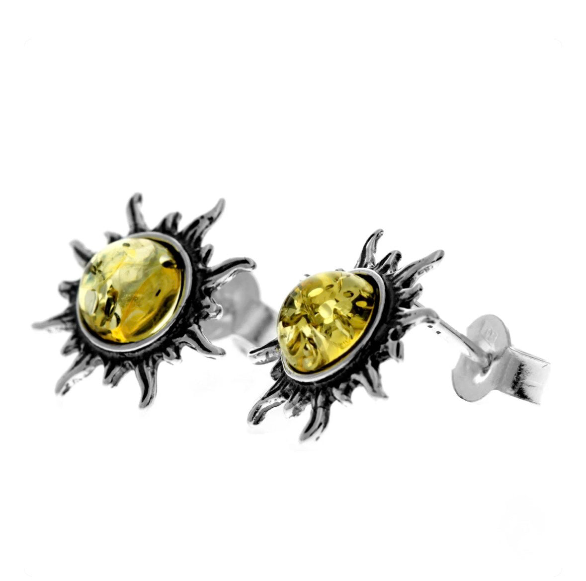 925 Sterling Silver & Genuine Baltic Amber Small Sun Stud Earrings image 0