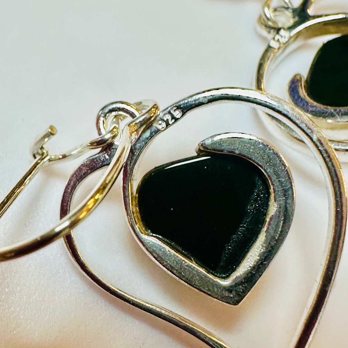 Sterling silver green amber heart earrings image 3