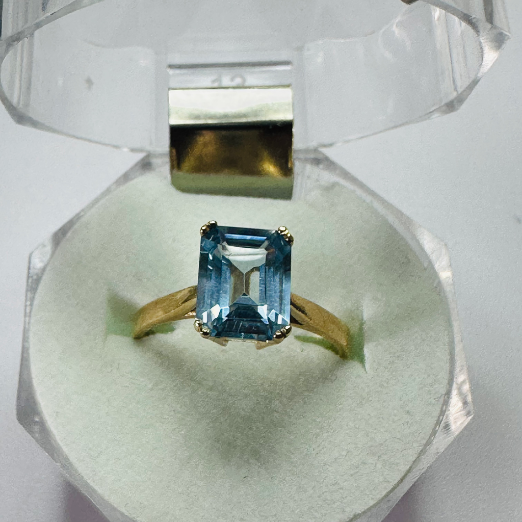 Hand cut Synthetic Spinal Ocean Blue 9ct yellow gold ring size N1/2 image 5