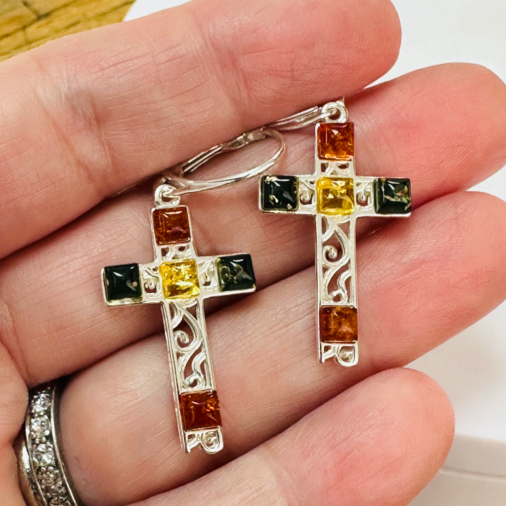 New Sterling silver Amber Multi coloured Cross earrings image 5