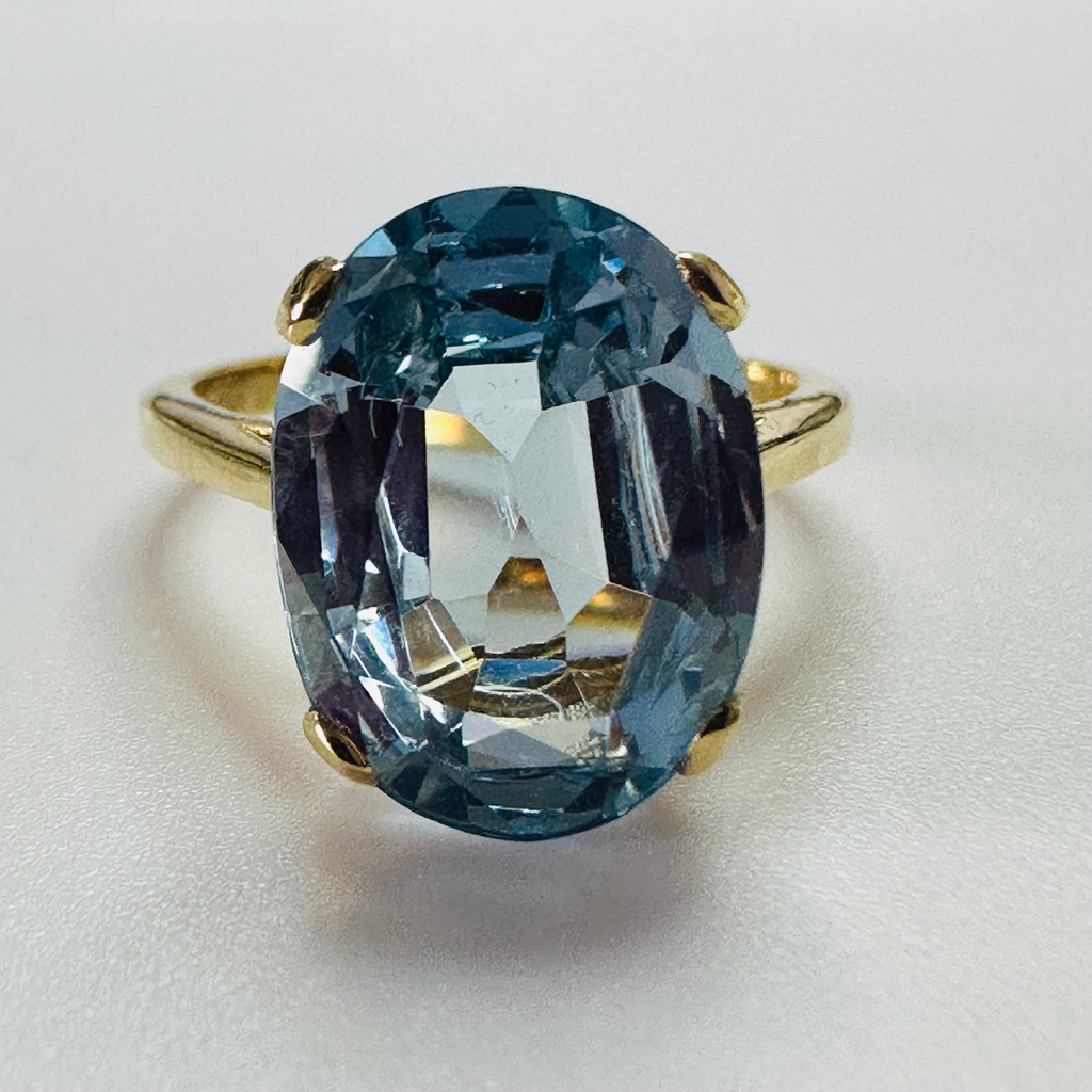 Hand cut Synthetic Sapphire Pastel Blue Yellow 9ct yellow gold ring size N image 0