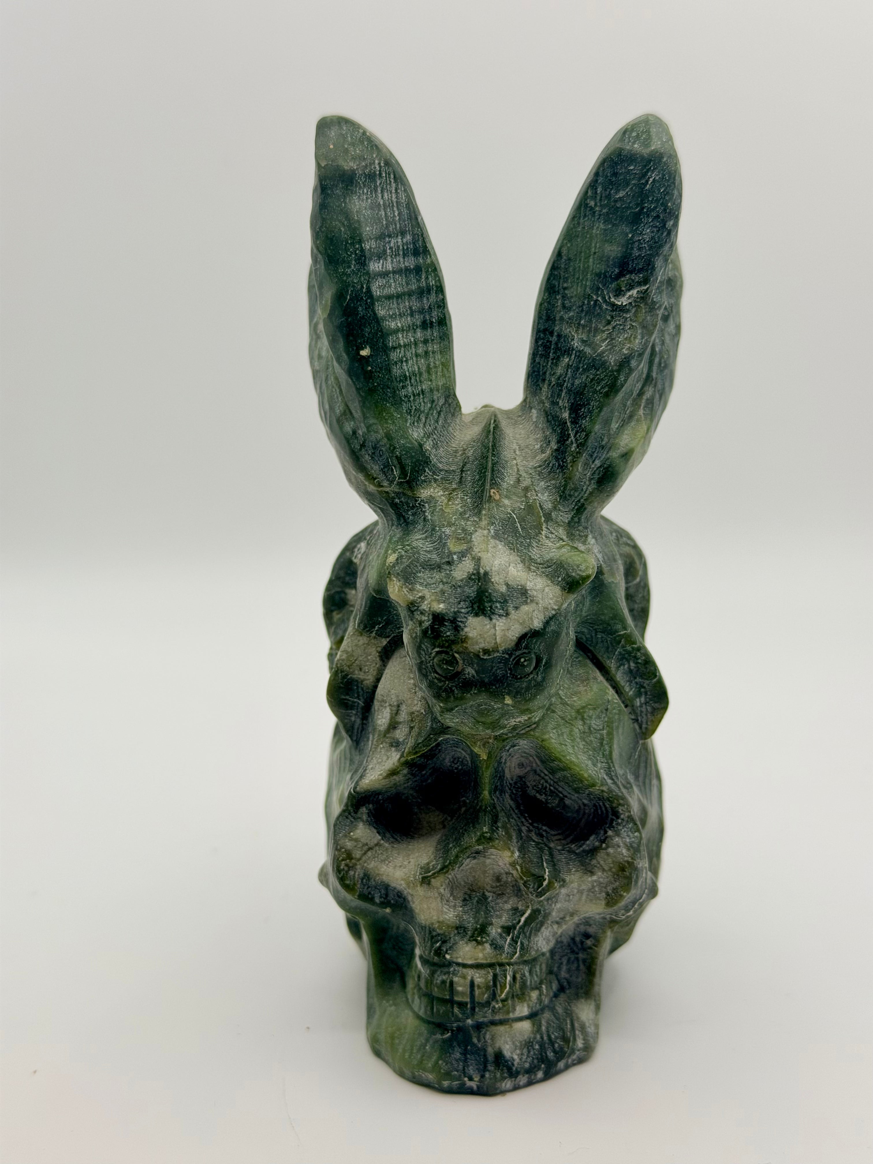 Natural Nephrite Jade Carved Skull with Winged Beaver | Hand-Carved Gemstone Sculpture