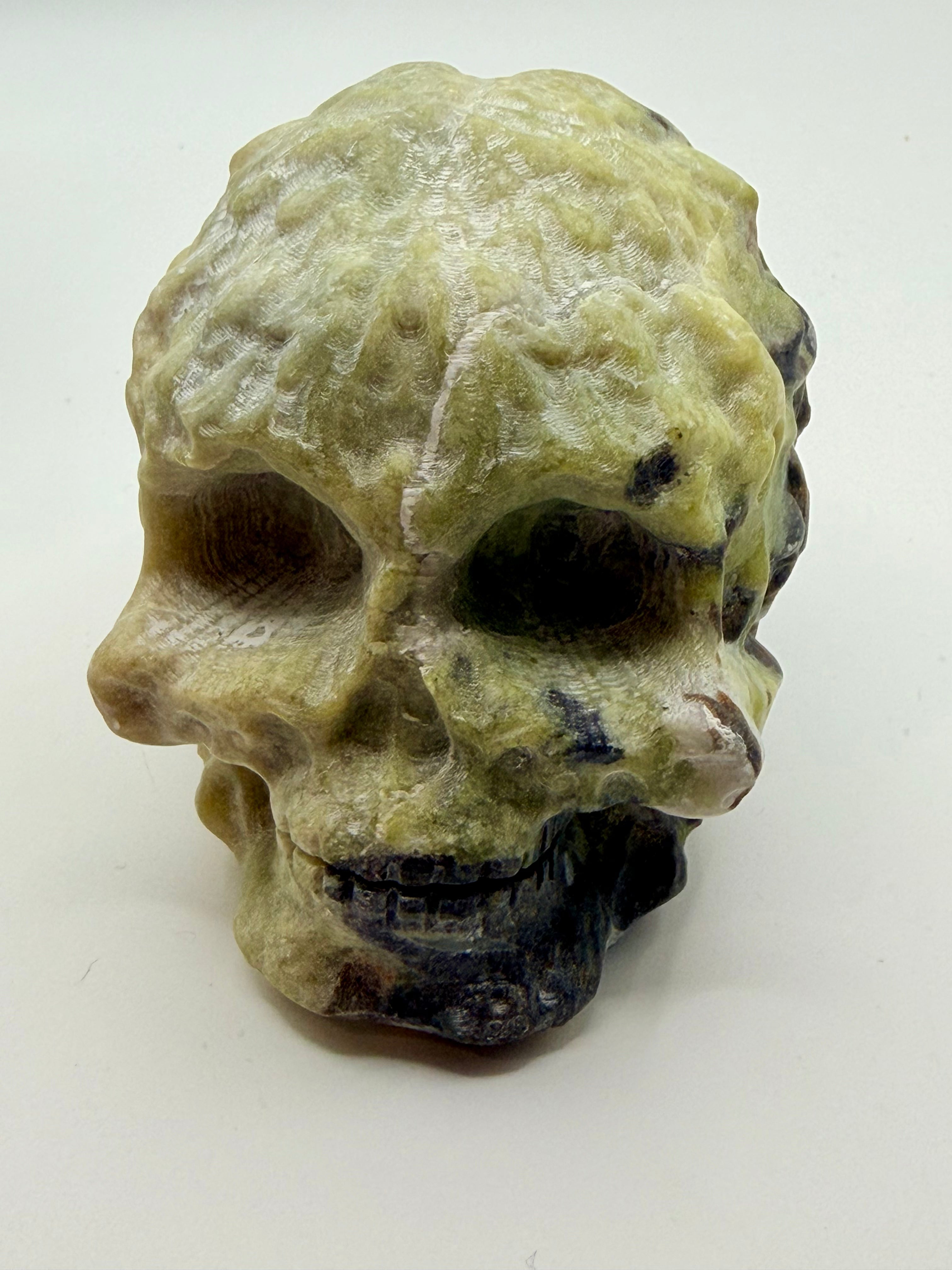 Green Man Skull | Lime & Black Gemstone Carved Sculpture | Weird & Wonderful