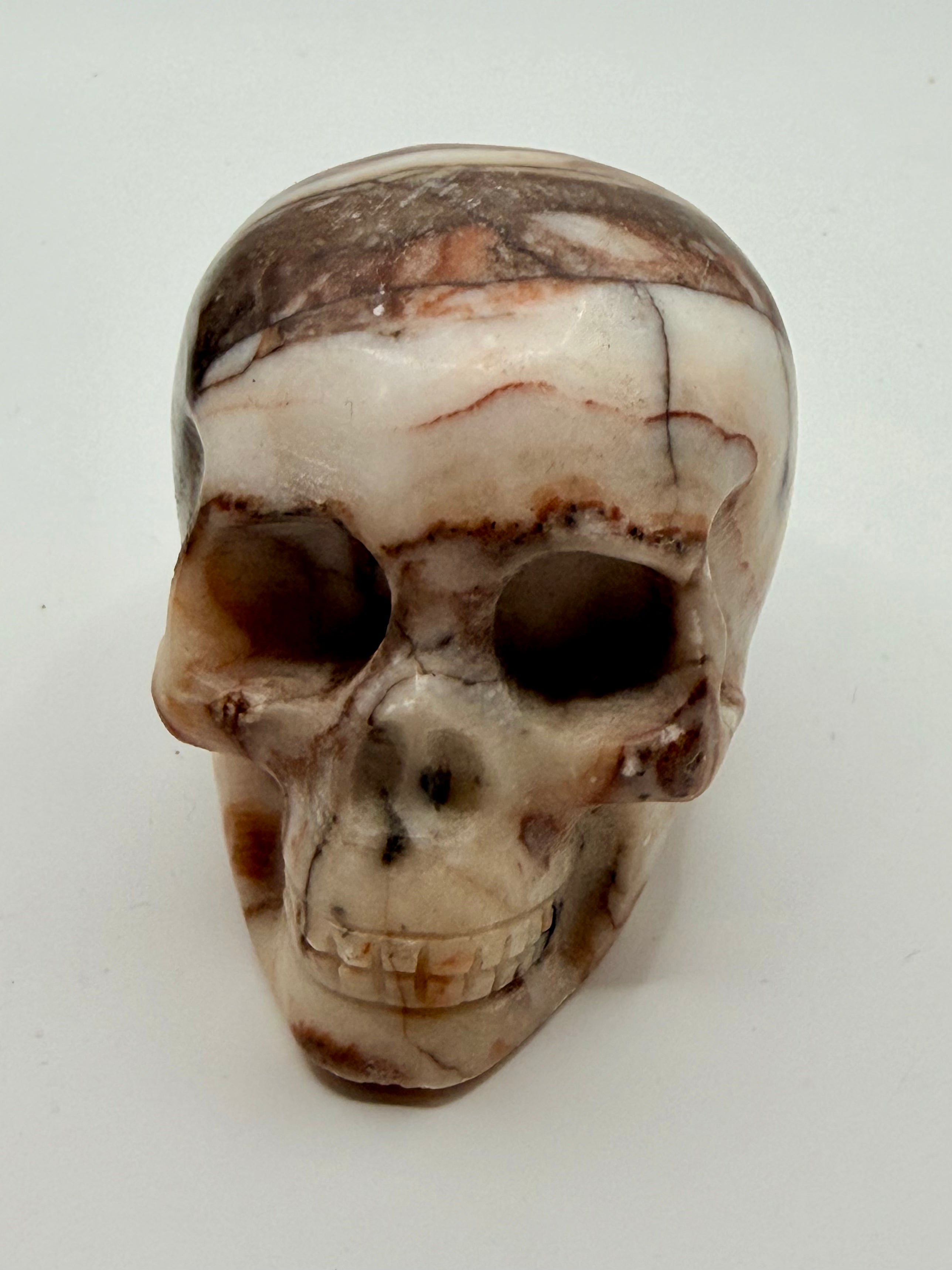 Chocolate Banded Calcite Skull | Rich Natural Stone Carving | Unique Collector's Piece