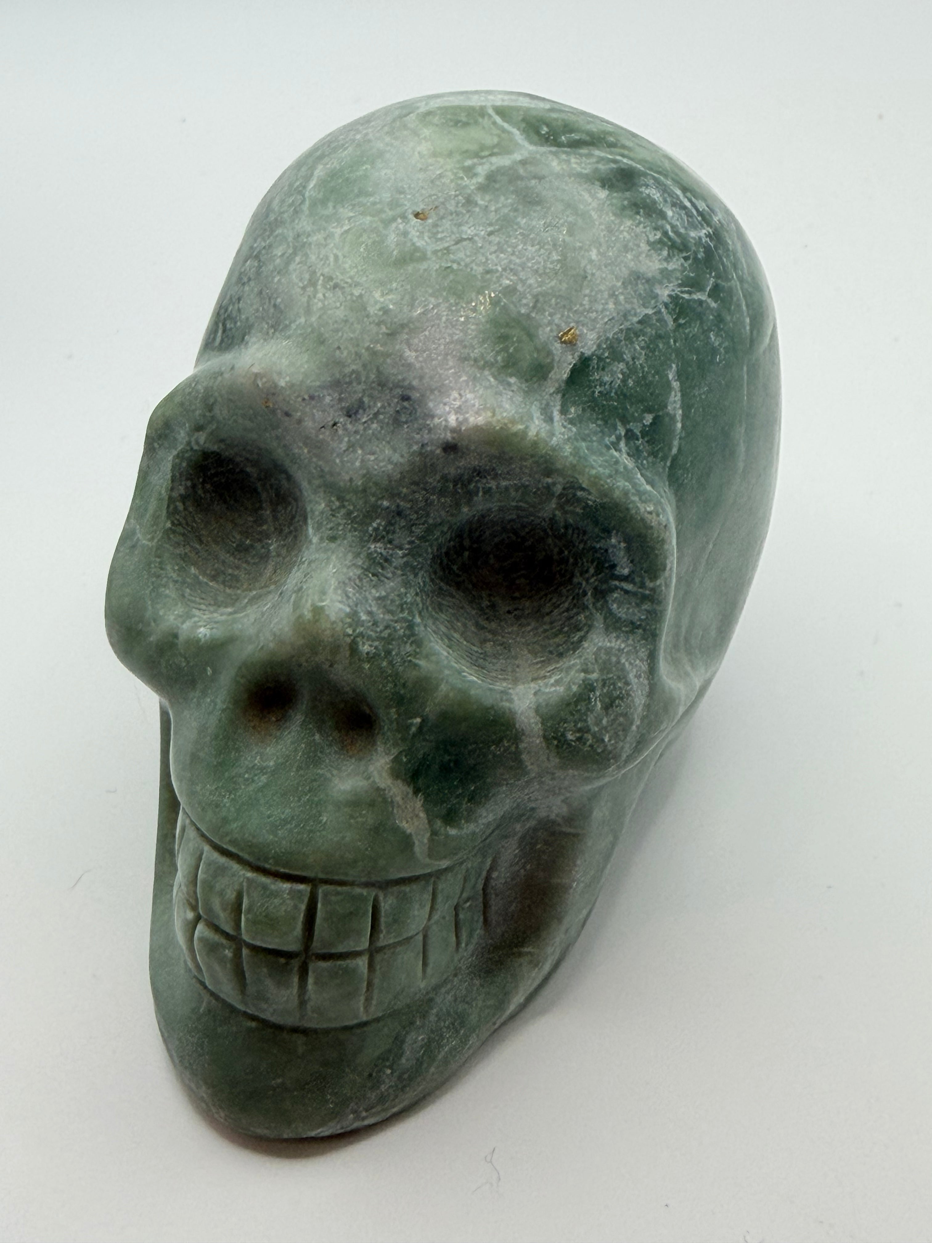 Large Green Stone Carved Skull | 8cm Gemstone Sculpture | Unique Collector's Piece