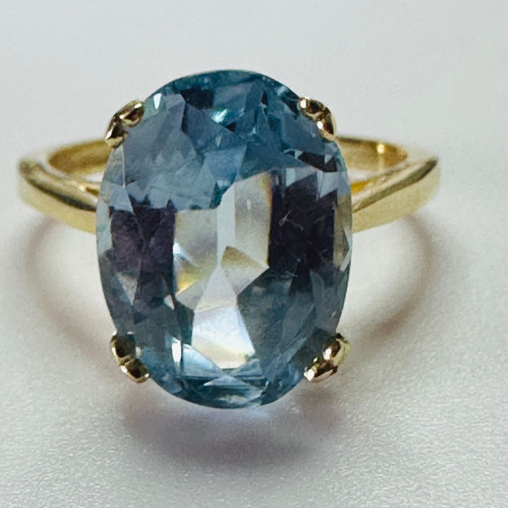 Hand cut Synthetic Sapphire baby blue 9ct yellow gold ring sizeN image 0