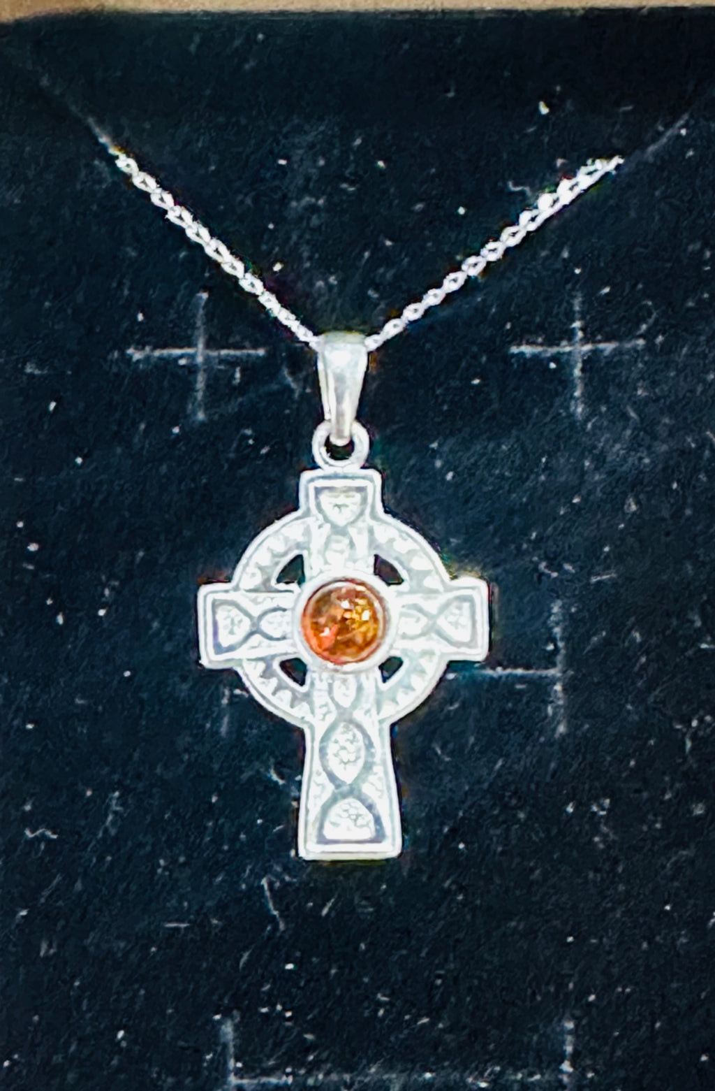 Sterling silver celtic cross with amber 16in chain image 0