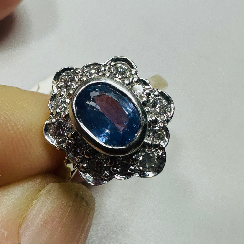 New 9ct Yellow Gold Cornflower Blue Sapphire and Diamond ring sizeN image 1