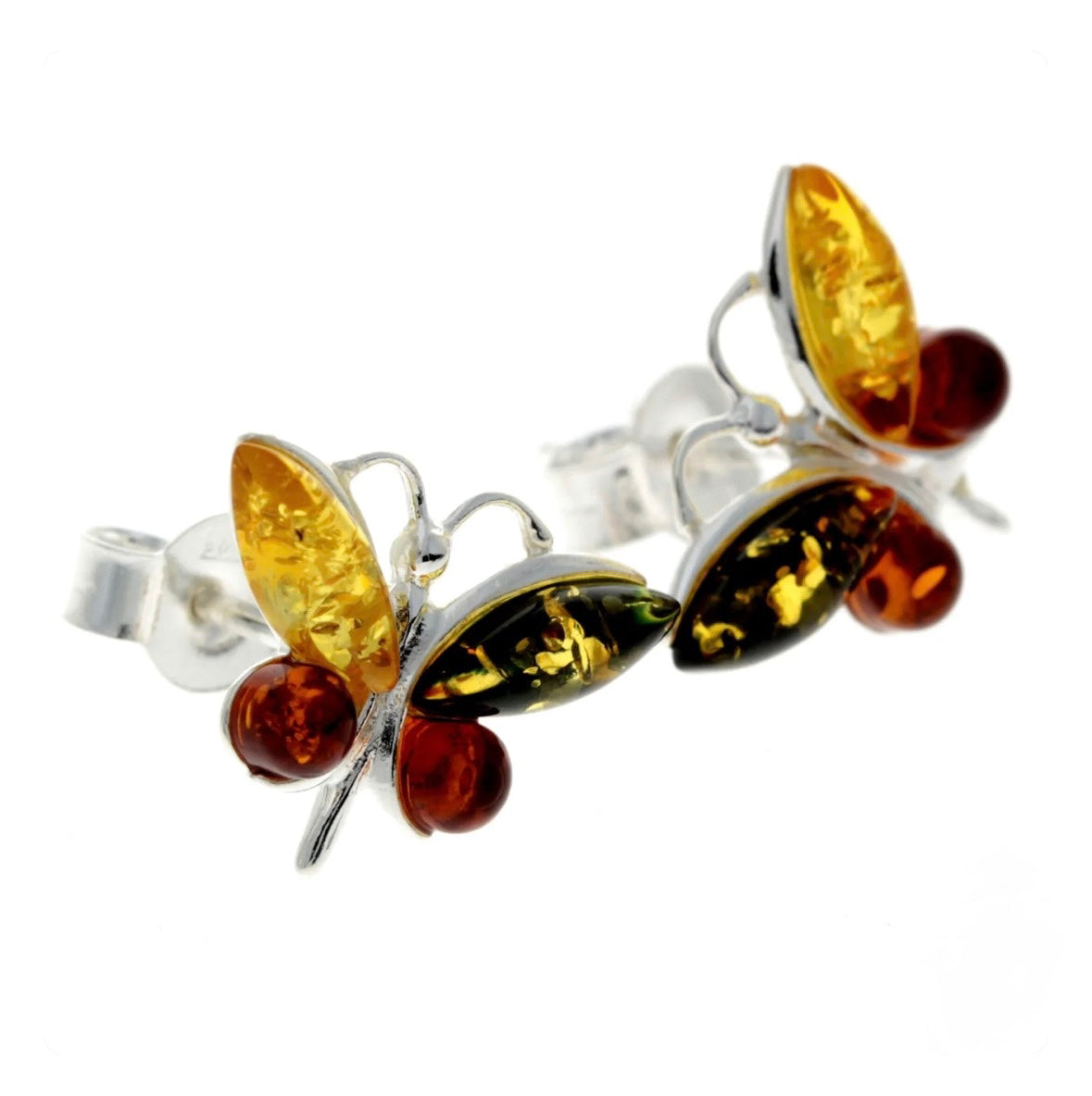 925 Sterling Silver & Baltic Amber Butterfly Studs Earrings image 0