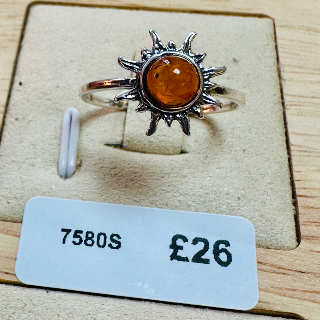 Sterling silver sunburst Amber ring size S image 0