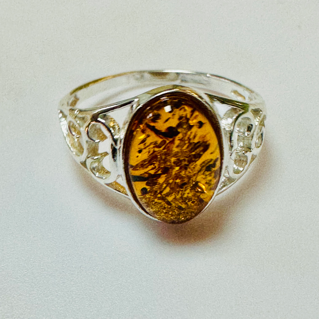 Sterling silver oval Amber ring size Q image 1