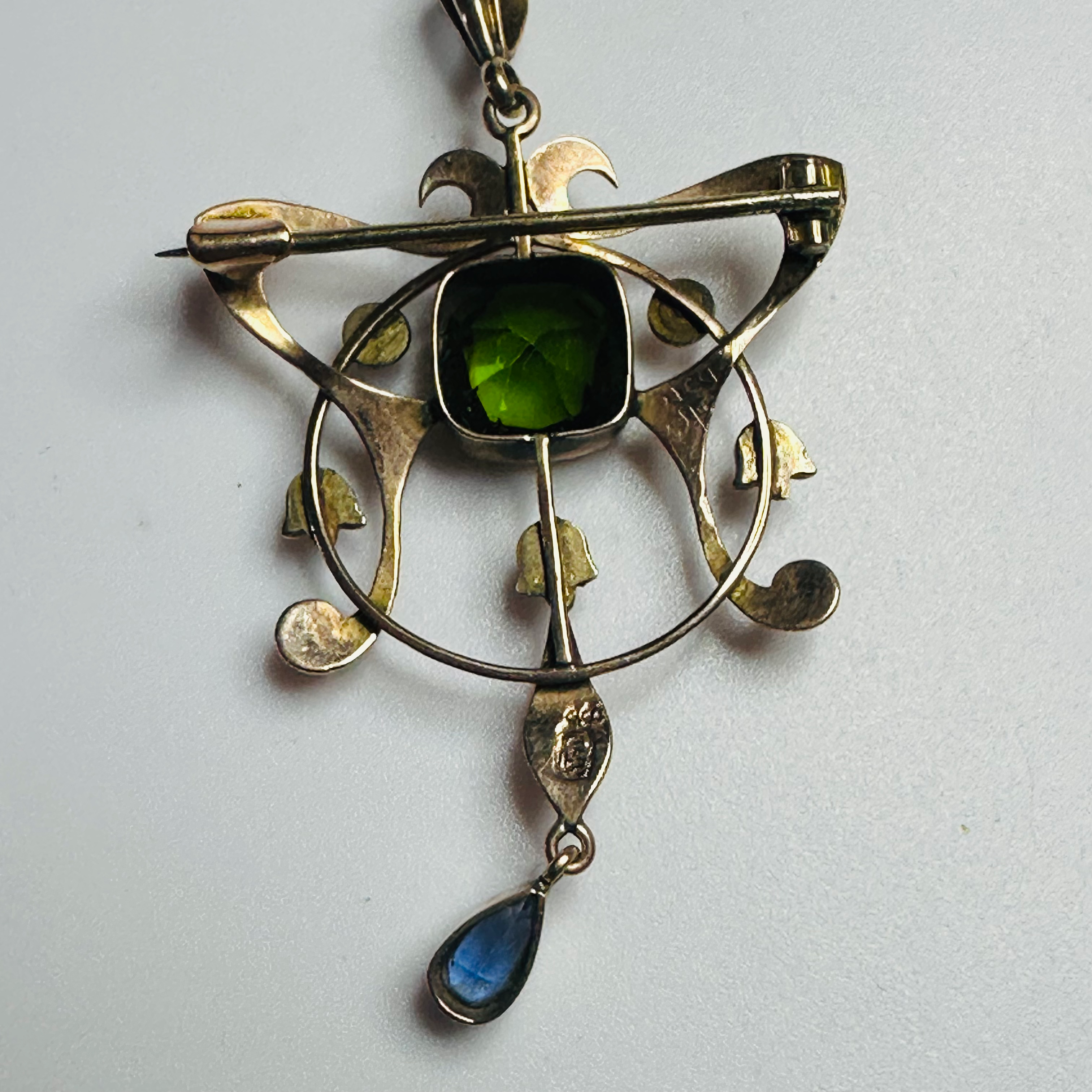 Antique pendant/brooch green gemstone doublet and a blue sapphire image 3