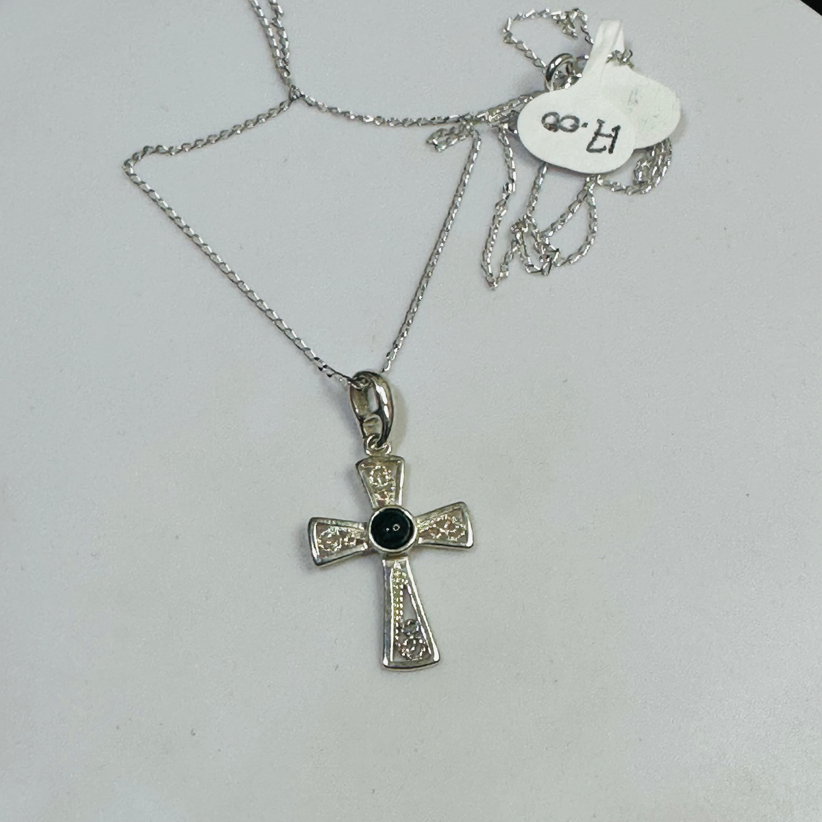 Sterling silver fillergre moss agte cross 16 in chain  image 5