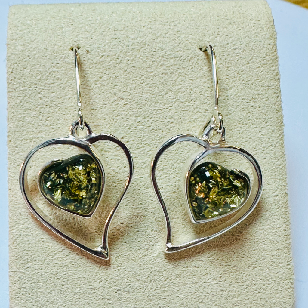 Sterling silver green amber heart earrings image 0