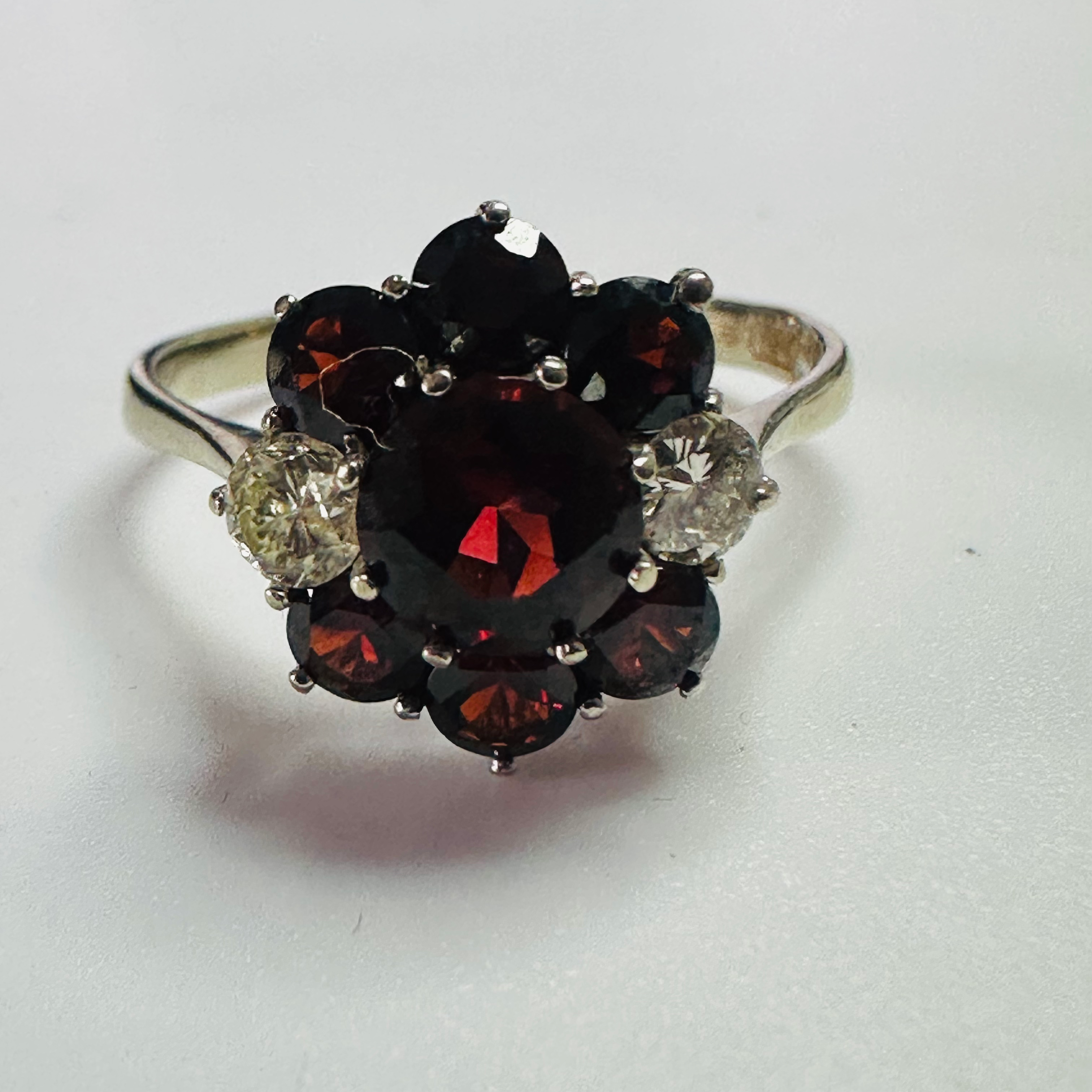 18ct white gold Garnet and Diamond cluster ring size V image 2