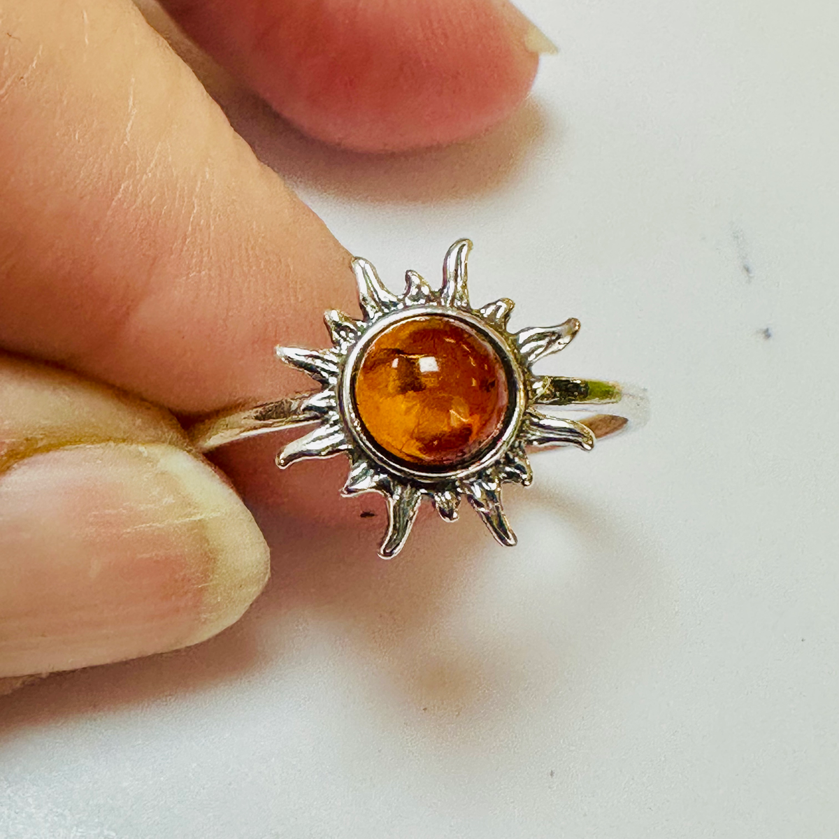 Sterling silver sunburst Amber ring size S image 1