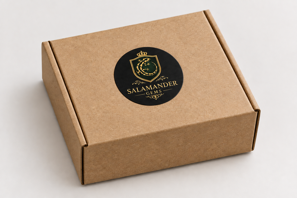 Cardboard box with round Salamandergems logo sticker
