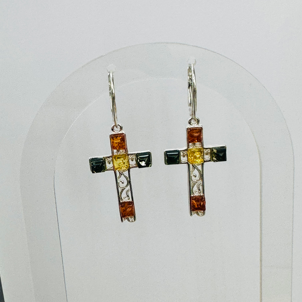 New Sterling silver Amber Multi coloured Cross earrings image 2