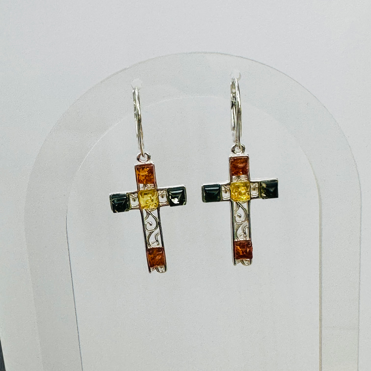 New Sterling silver Amber Multi coloured Cross earrings image 2