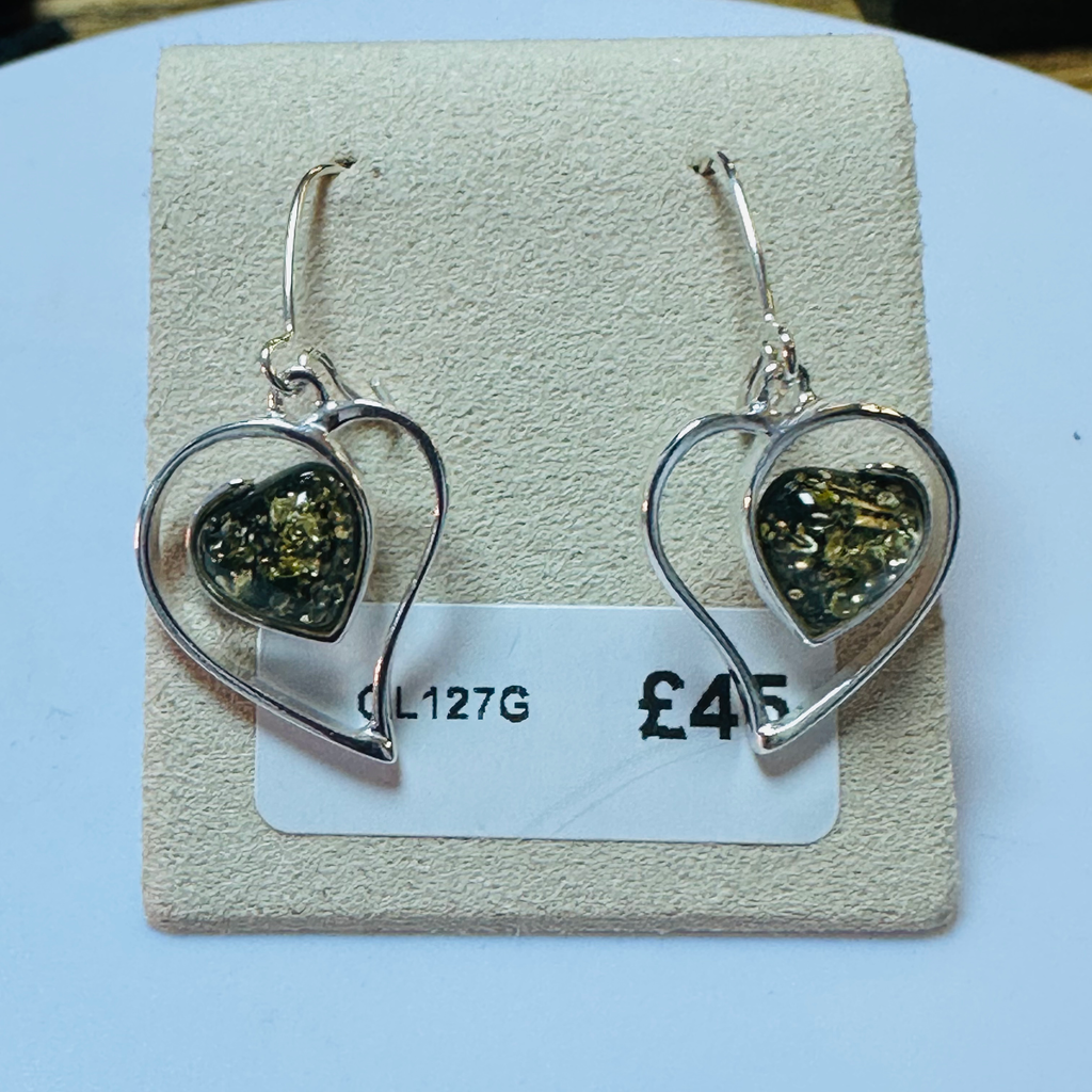 Sterling silver green amber heart earrings image 7