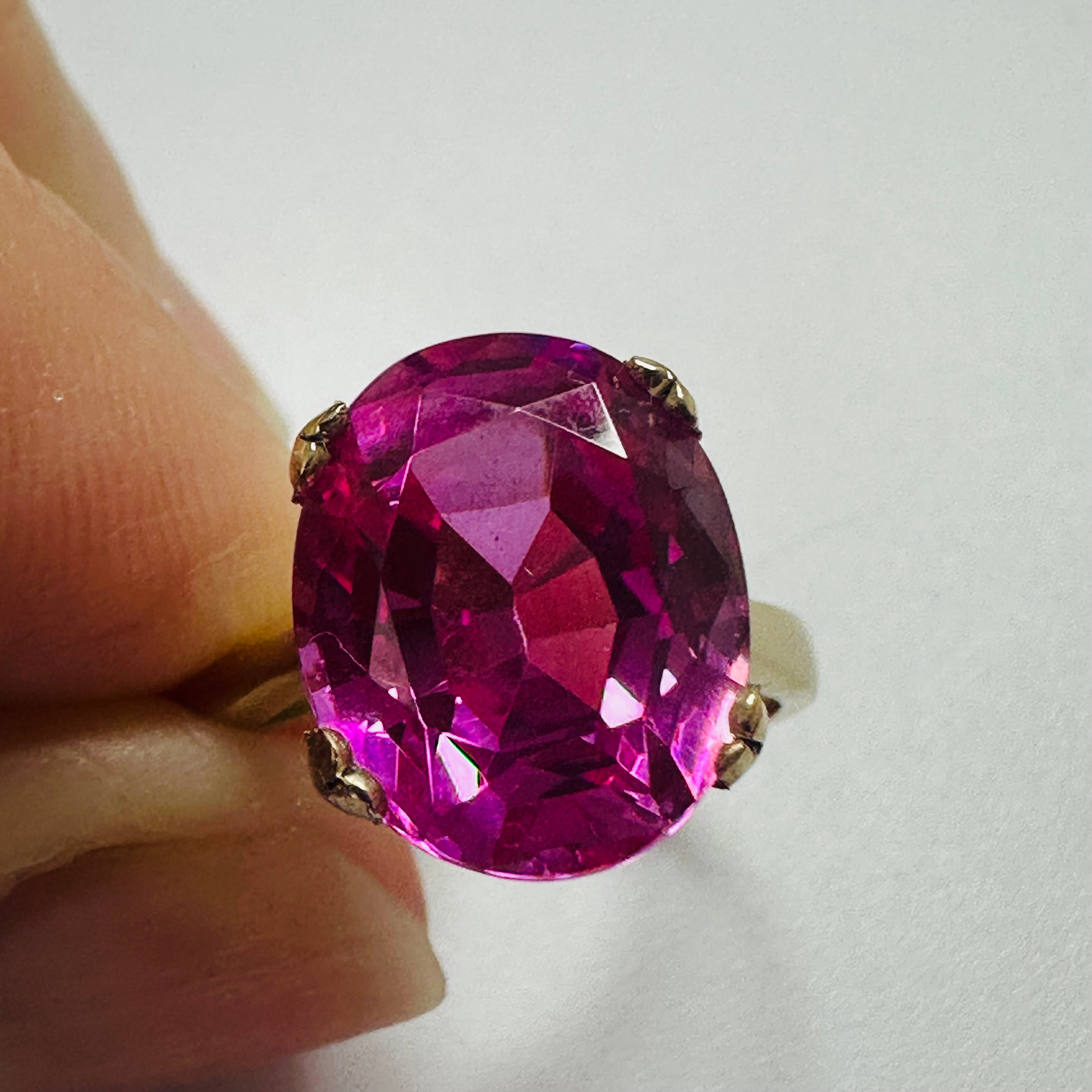 Hand cut Synthetic Sapphire Vivid Pink Yellow 9ct yellow gold ring size M1/2 image 7