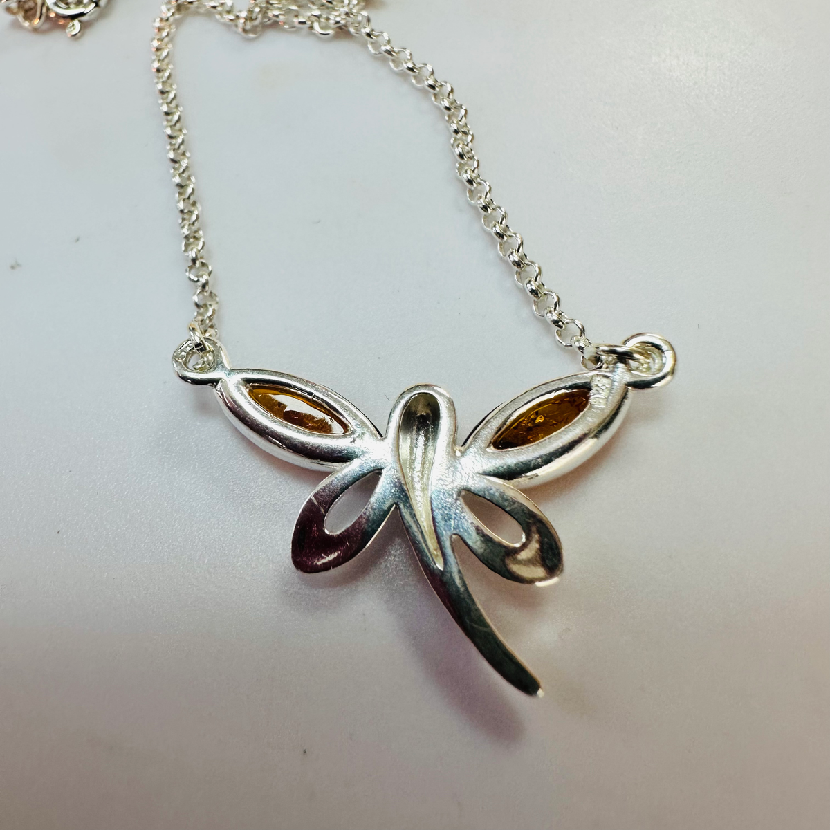 New Sterling Silver Amber Dragonfly necklace on 16 inch chain image 2