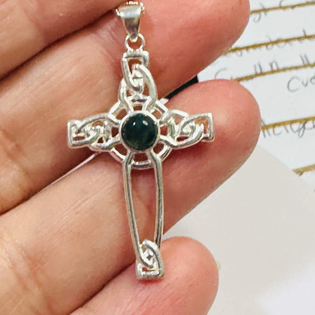 Sterling silver fillergree cross with moss agate  image 3