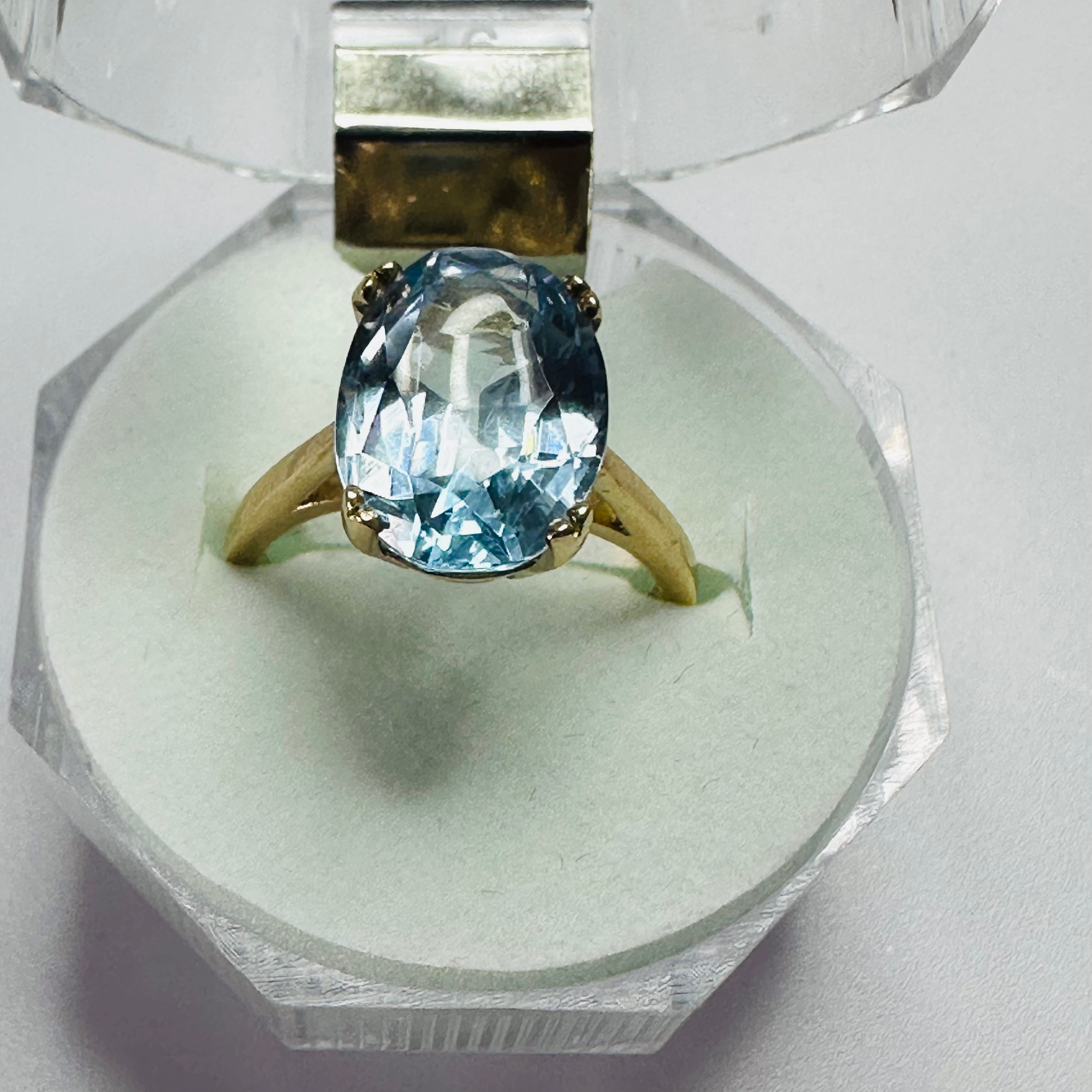 Hand cut Synthetic Sapphire baby blue 9ct yellow gold ring sizeN image 4