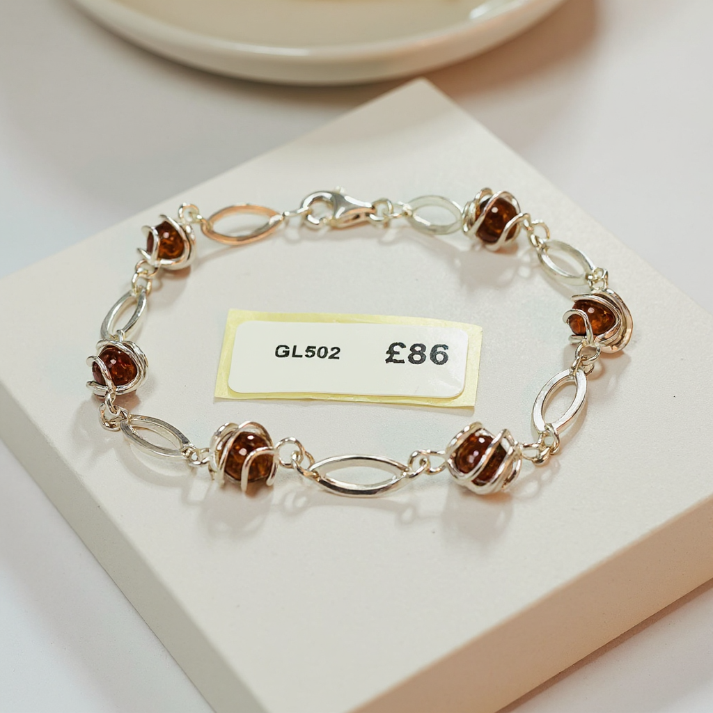 New Sterling Silver Amber Cognac Bracelet 8 inch adjustable image 0