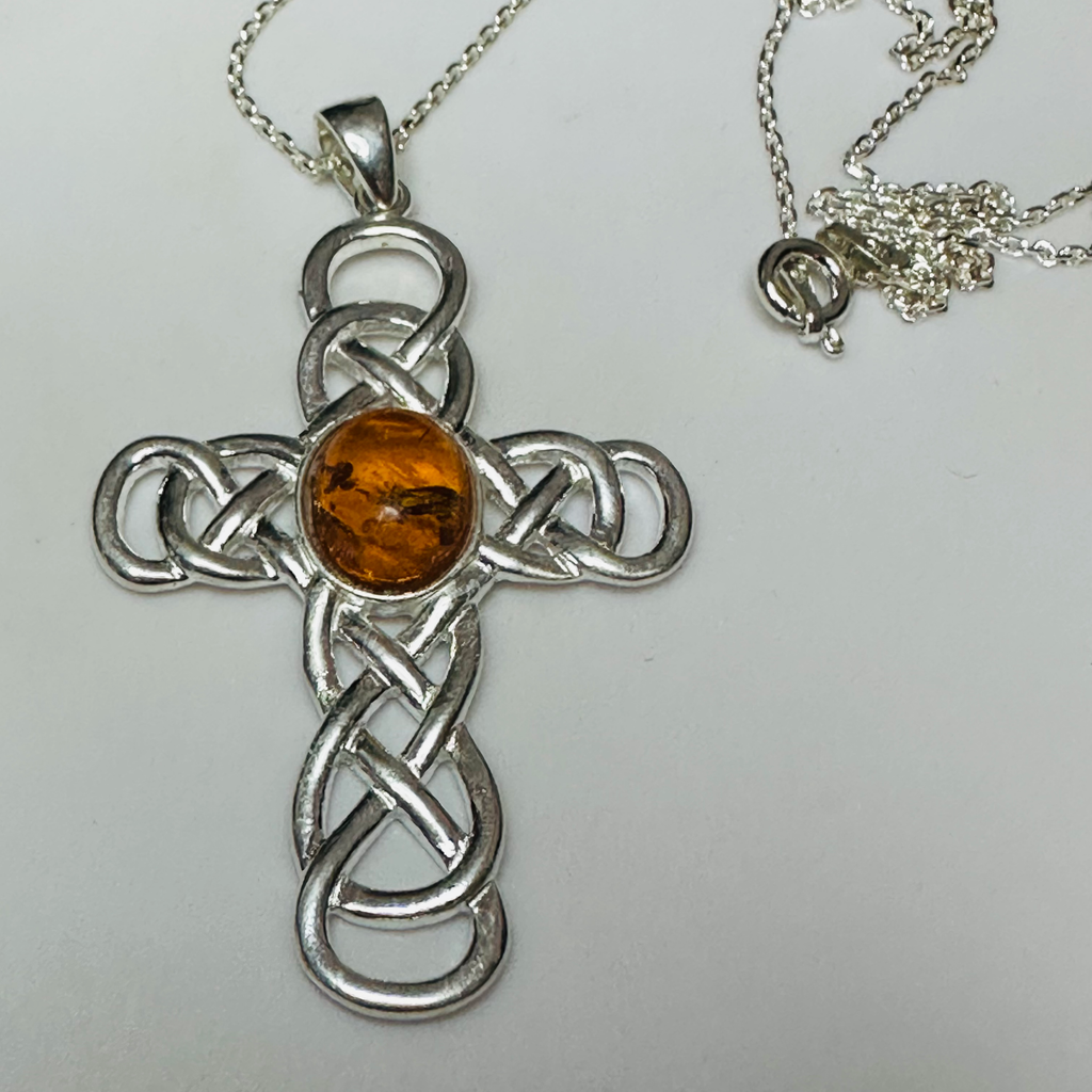 New Large sterling silver Celtic Amber cross 18inch  image 1