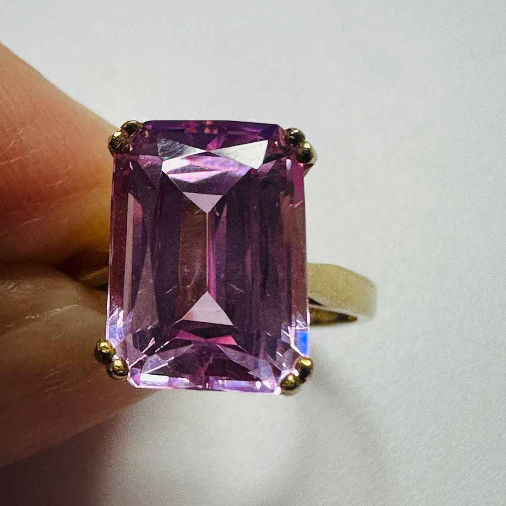 Hand cut Synthetic Sapphire Pink 9ct yellow gold ring size N image 7