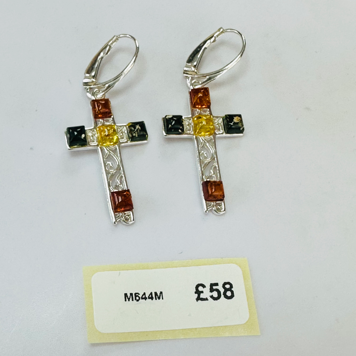 New Sterling silver Amber Multi coloured Cross earrings image 1