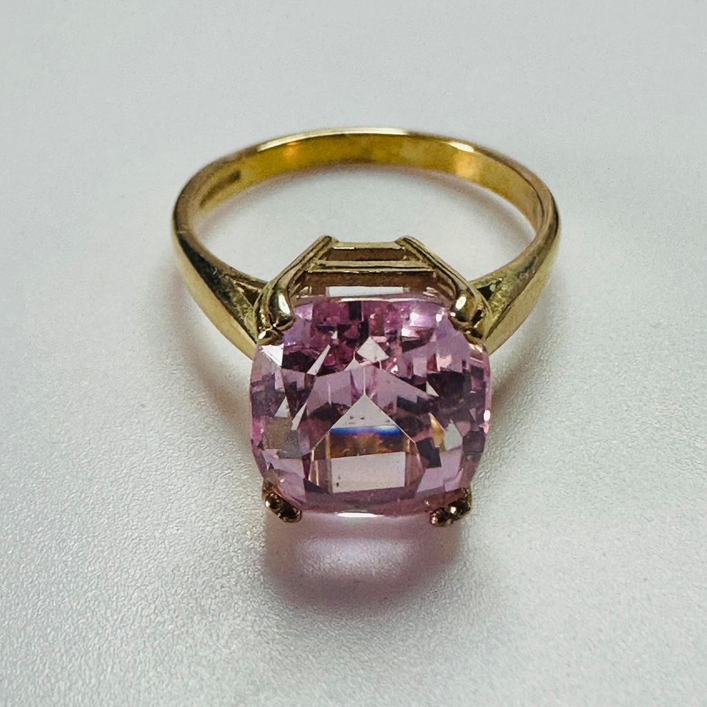 Hand cut Synthetic Sapphire Pale Pink Yellow 9ct yellow gold ring sizeN image 2