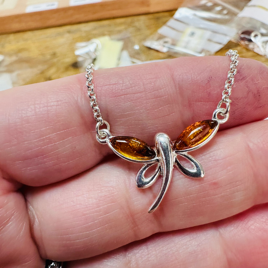 New Sterling Silver Amber Dragonfly necklace on 16 inch chain image 4