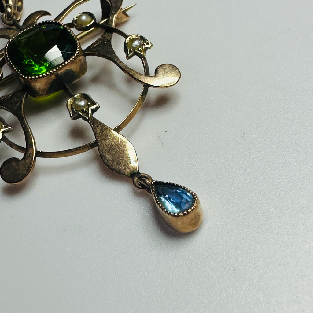 Antique pendant/brooch green gemstone doublet and a blue sapphire image 2