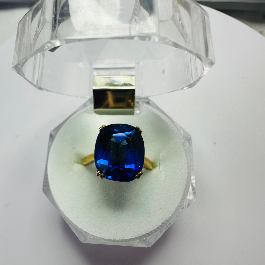 Hand cut Synthetic Sapphire Royal Blue  9ct yellow gold ring size N1/2 image 5