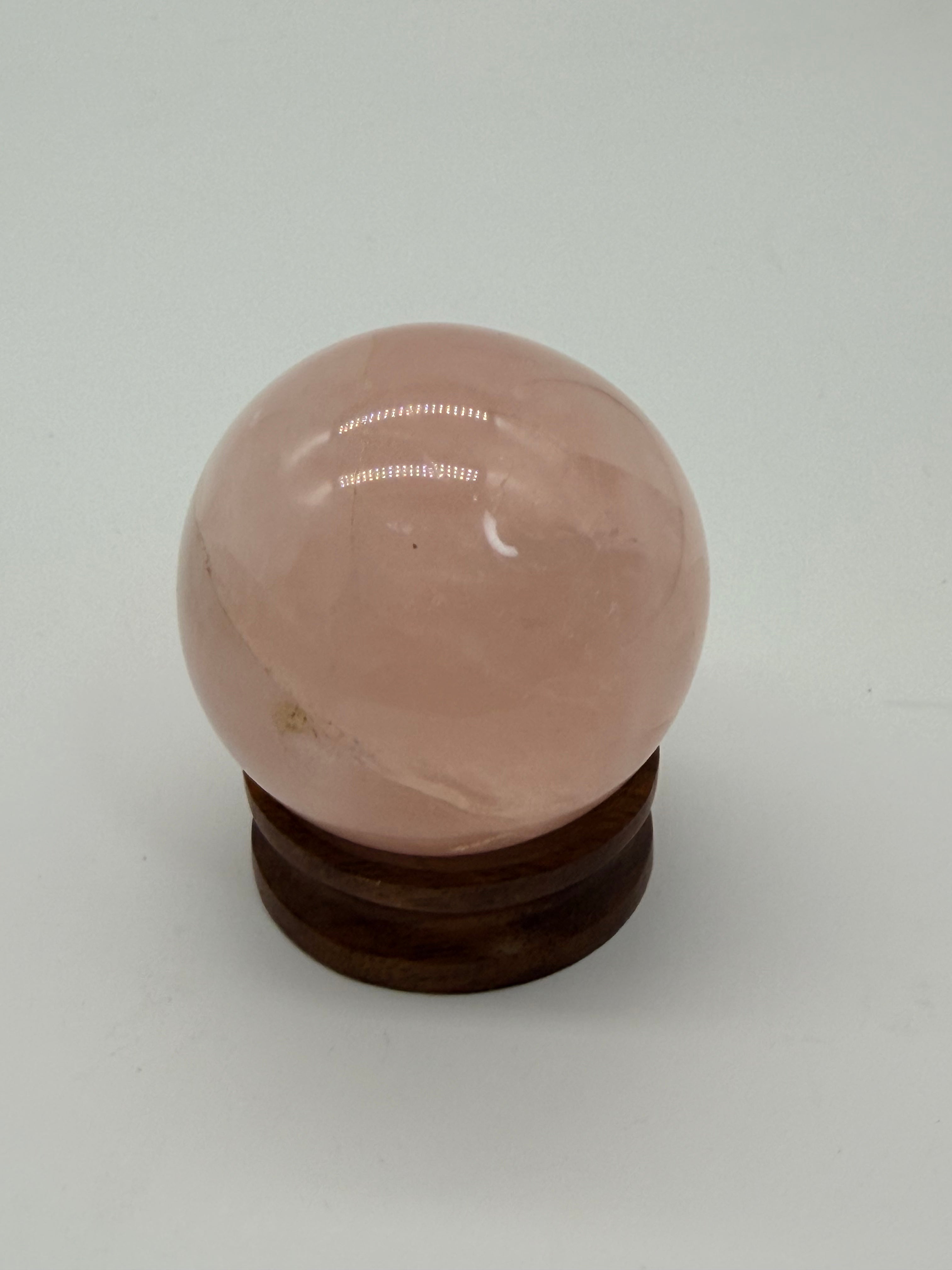 Rose quartz sphere on wood stand 45mm image 1