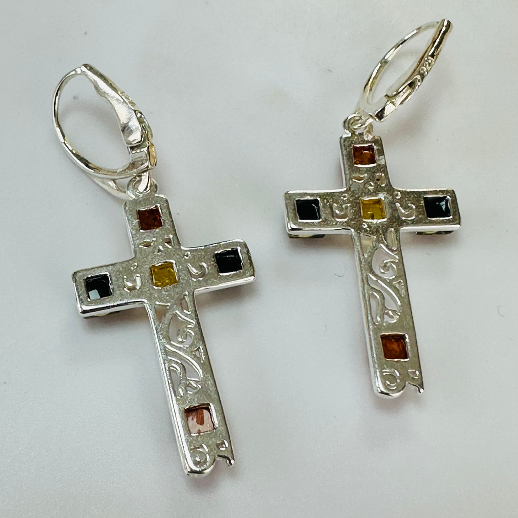 New Sterling silver Amber Multi coloured Cross earrings image 7