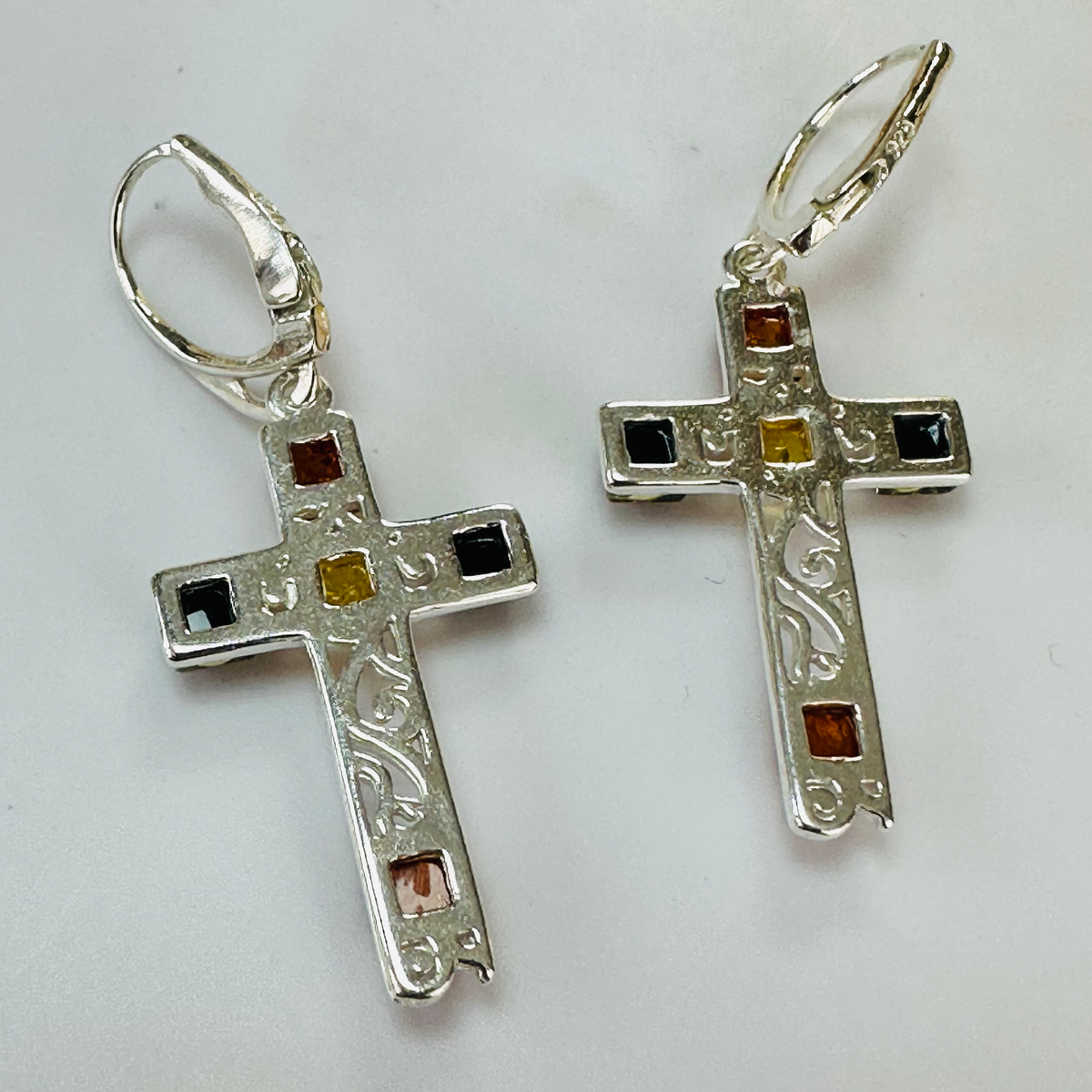 New Sterling silver Amber Multi coloured Cross earrings image 7