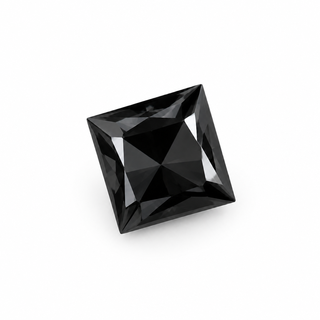 Single square-cut black diamond on a clean pure white background